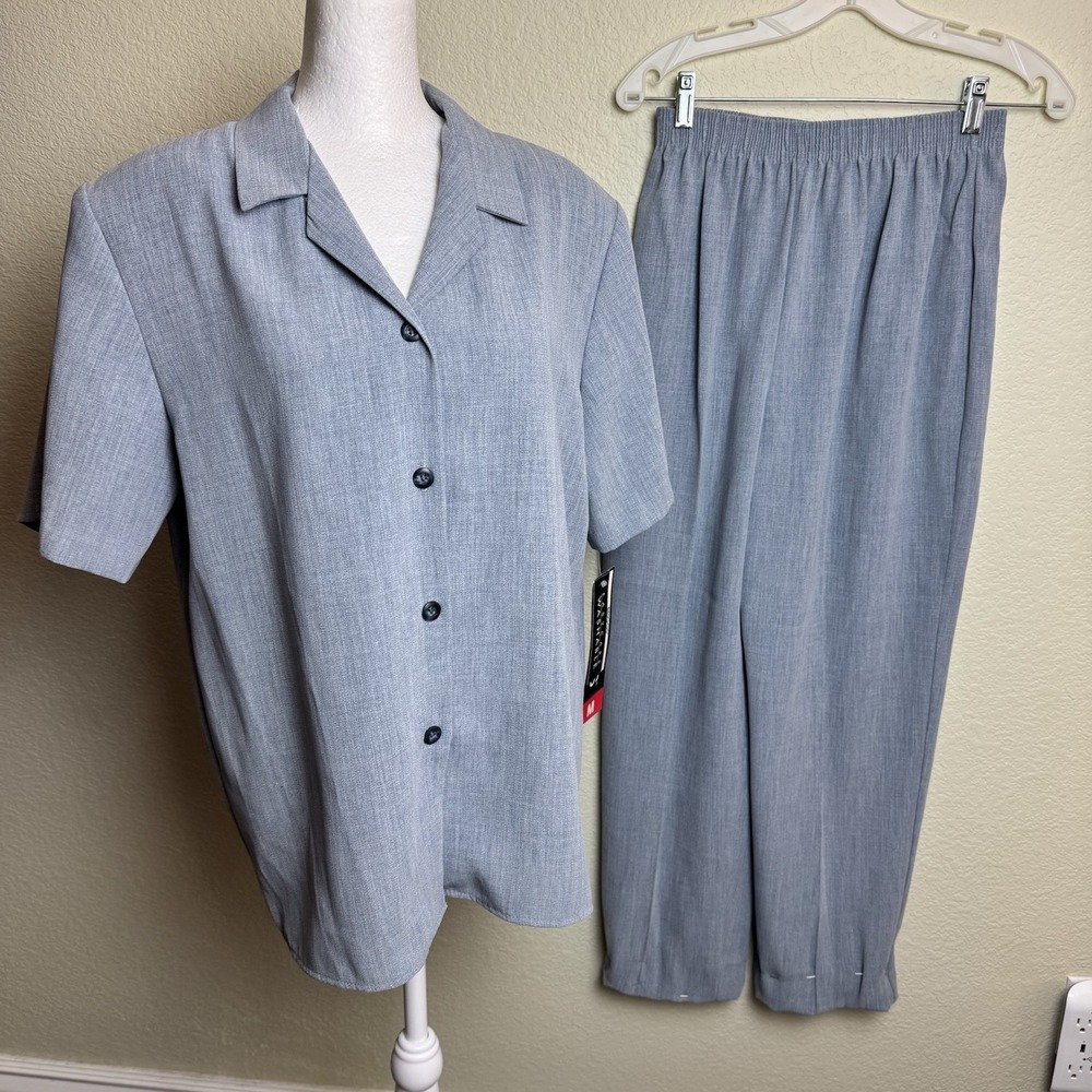 Vintage Briggs Gray 2 Piece Pant Set Short Sleeve Button Up Casual Co-Ord S M